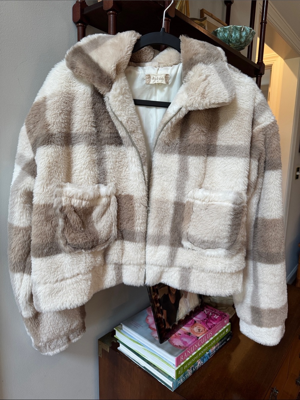 Altar'd State Cream & Tan Plaid Teddy Jacket